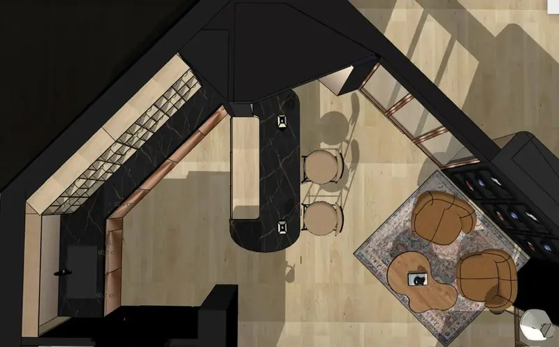 Vue 3D de dessus d'un projet d'agencement, avec mobilier et rangements.