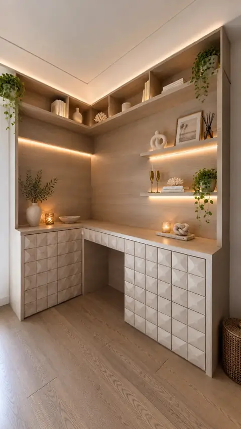 Bureau d'angle en bois clair avec étagères éclairées et façades à reliefs.