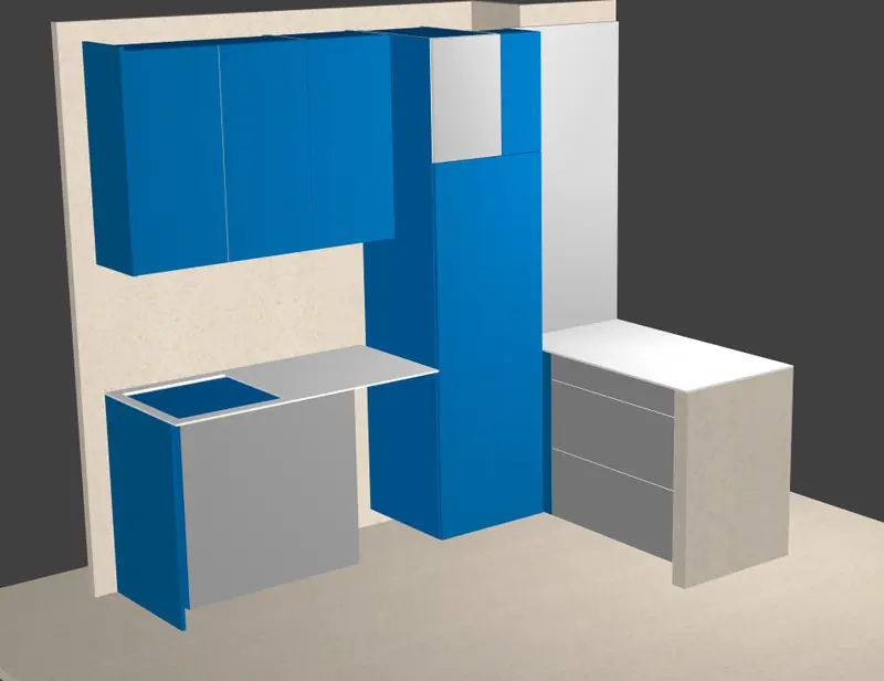 Vue 3D d'un projet de cuisine : meubles hauts et colonne en bleu, évier, plan de travail et retour en angle avec tiroirs.